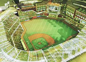An artist's rendition of the new Oakland Athletics stadium, tentatively slated to open in 2011.